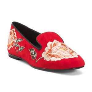 NWOB Natori Red Suede Edda Embroidered Smoking Loafer
